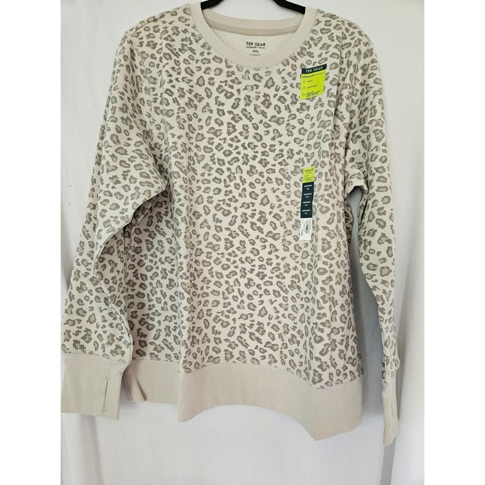 Tek Gear Sweatshirt Womens 2XL Beige Leopard Print Ultrasoft Fleece Crew Neck